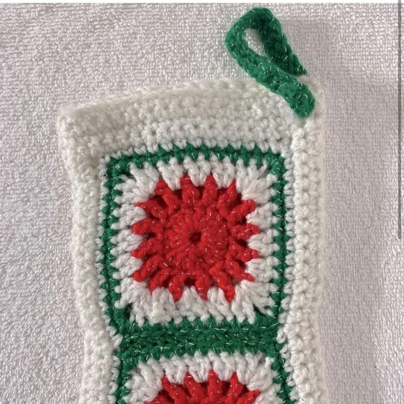 Vintage Handmade Crochet Red  White Green Granny Square Christmas Stocking - Picture 2 of 11